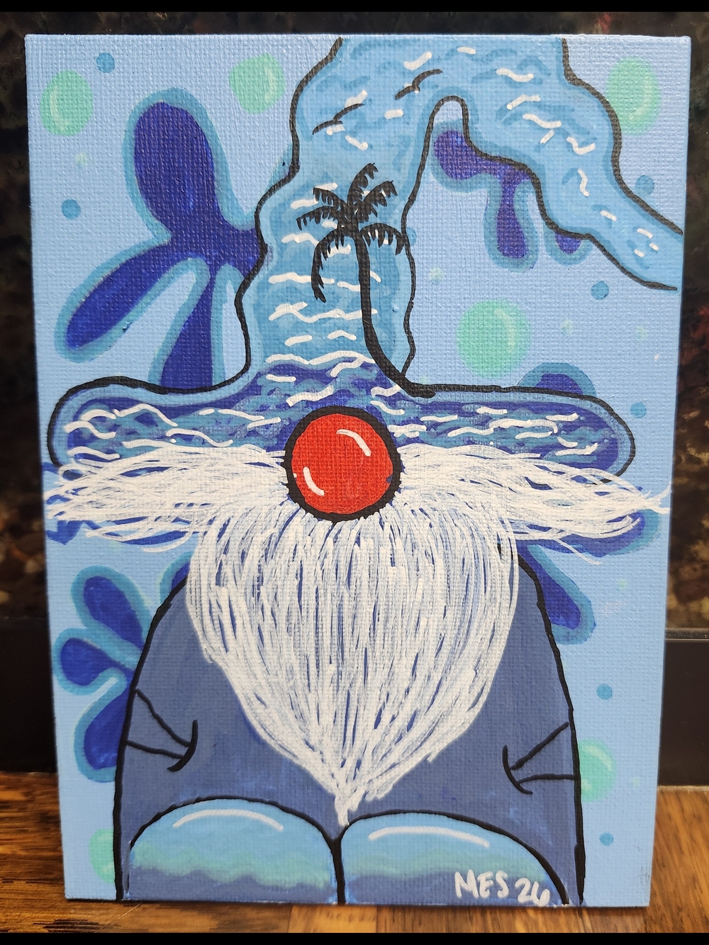 Whimsical Blue Gnome Hand Painted Canvas with Red Nose